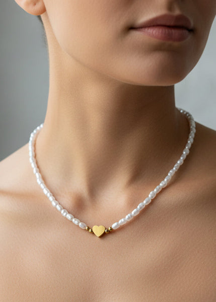 Tarnish Resistant Pearl and Heart Necklace