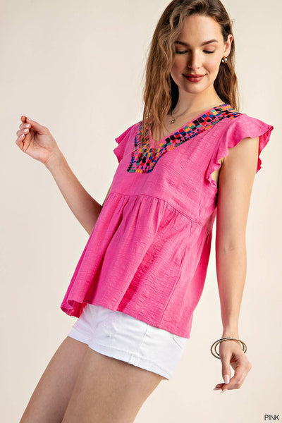 Hot Pink Embroidered Yoke Top