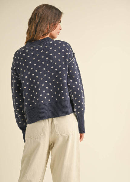 Navy Patterned Cropped Sweater