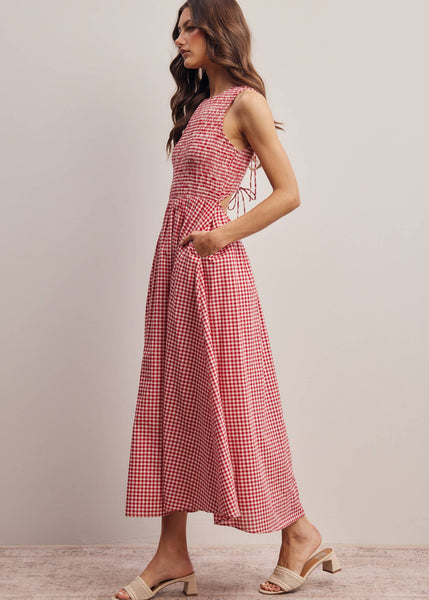 Red and White Open-Back Gingham Maxi Dress