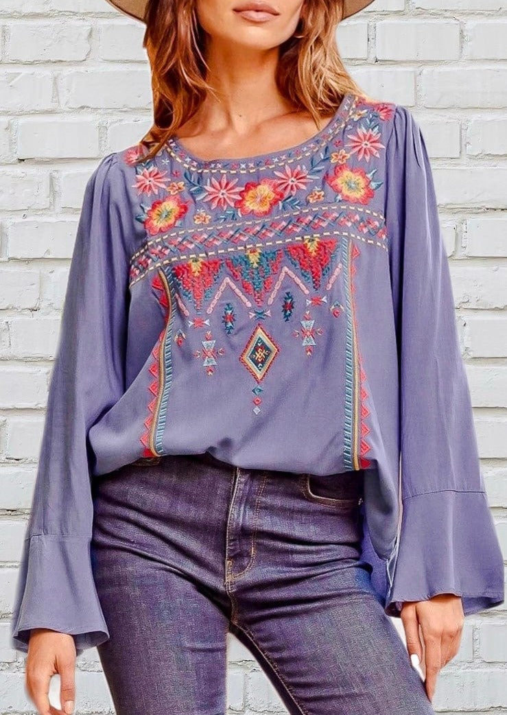 Periwinkle Aztec Embroidered Top ~ FINAL SALE