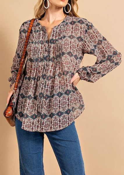 Boho Vibes Chiffon Pintuck Button-down Blouse