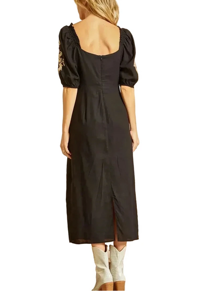Embroidered Puff Sleeve Western Midi Dress in Black