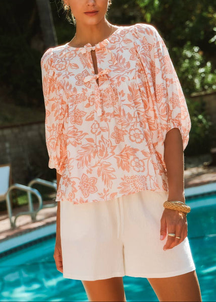 Boho Printed Blouse with Tie Front