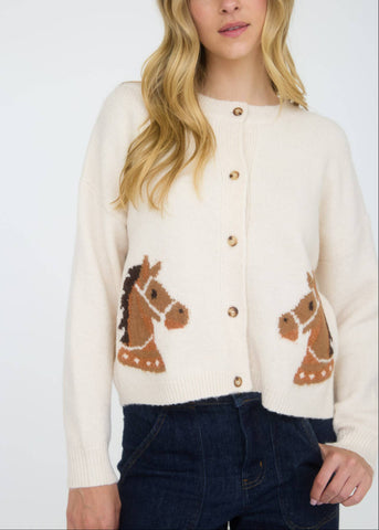 Saddle Up Horse Jacquard Cardigan in Cream
