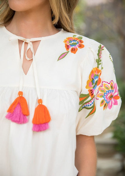 Embroidered Detail Puff Sleeve Top by THML