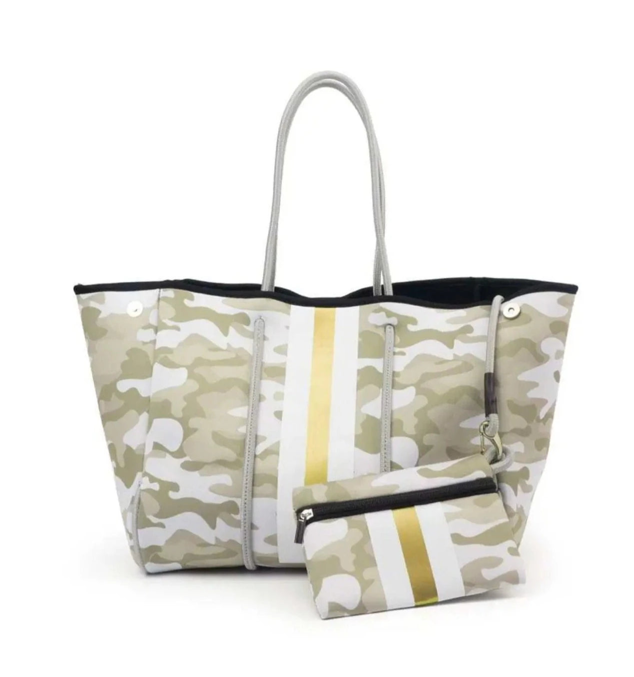 The Aniella Neoprene Tote - Camo with Gold Stripe