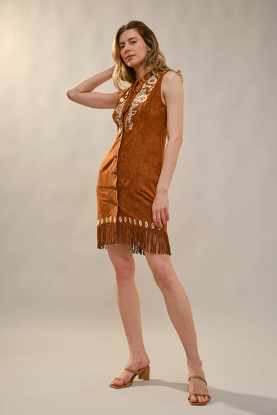 99655D Embroidered Suede Fringe Dress: BROWN / S-M-L (2-2-2)