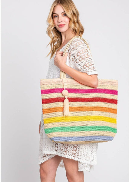 Pom Pom Tassel Multi Color Striped Tote Bag