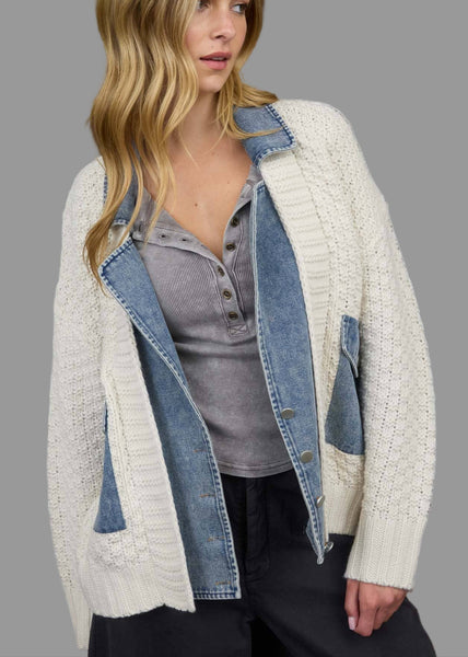 Mixed Media Cable Knit Denim Trim Jacket