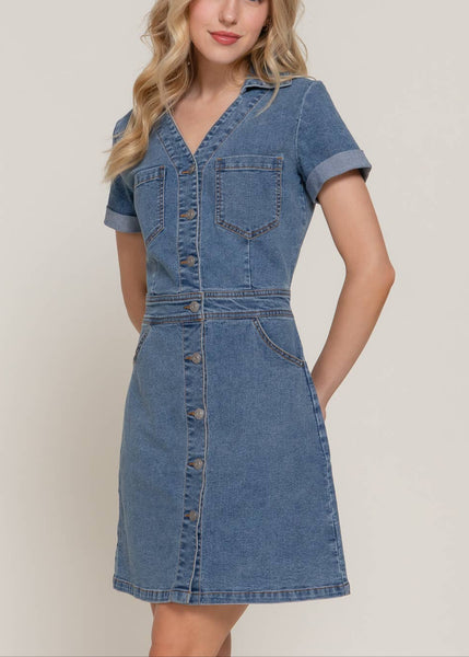 Stretch Denim Button Up Mini Dress