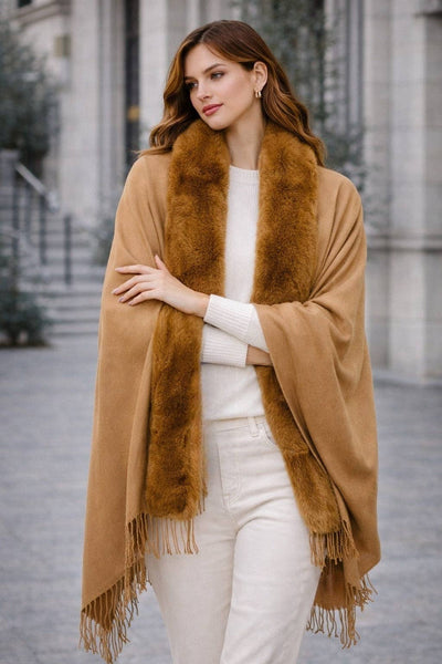 JC062843 16 Colors-Faux Fur Trim Softer Than Cashmere Scarf: Khaki