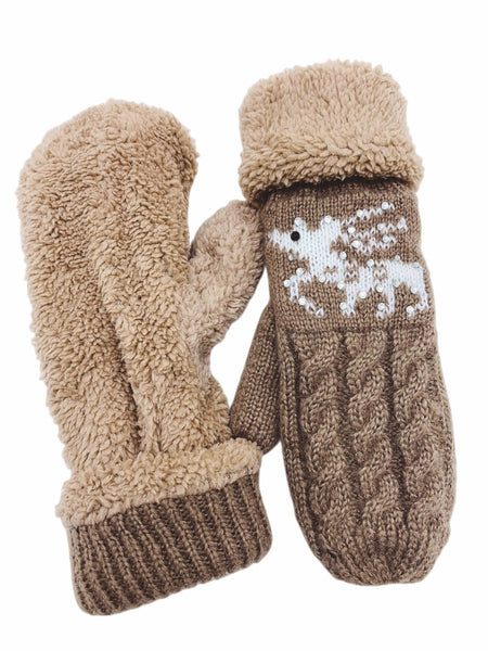 JCG206113 Reversible Reindeer & Sherpa Fleece Mittens: Prepacked 12 pairs-Black 4 White 3 Grey 3 Brown 2