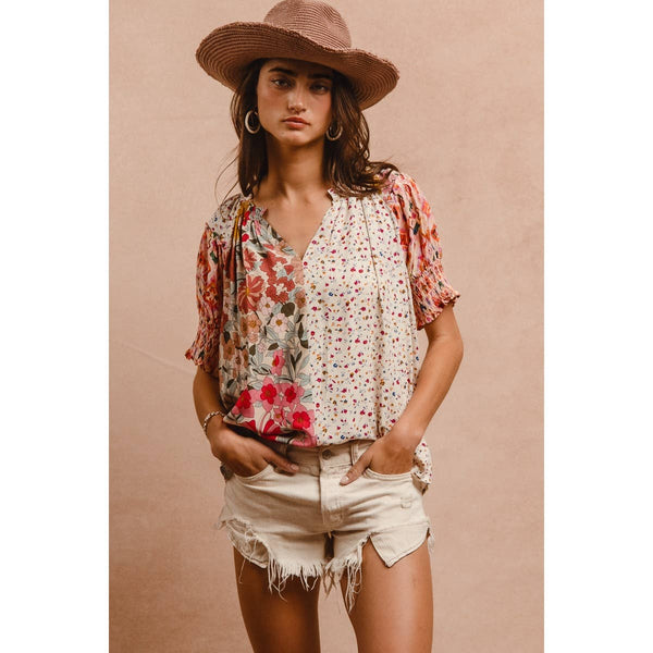 WOVEN PRINT MIX AND MATCH PEASANT TOP: ROSE MIX / XL