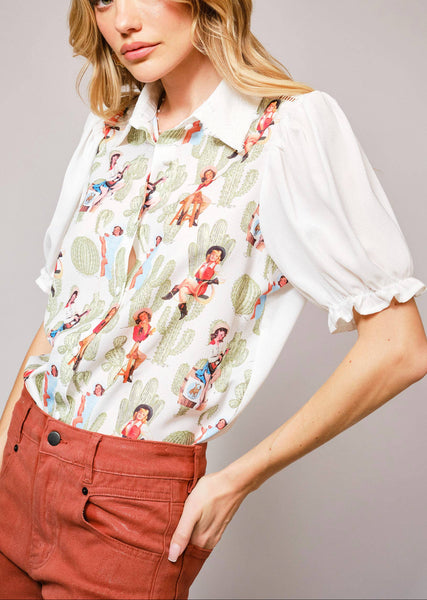 Betty Boots Cactus Print Lace Collar Blouse