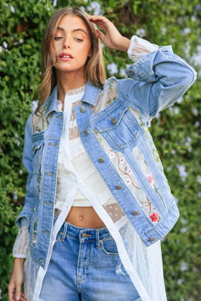 Denim Lace Floral Embroidered Jacket