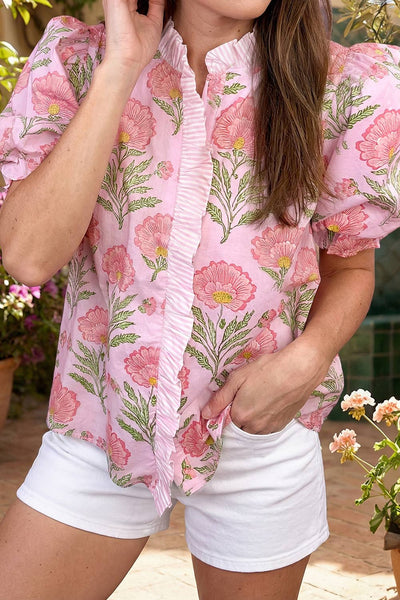Sweet Blooms Botanical Print Blouse with Ruffle Detail: Pink / S