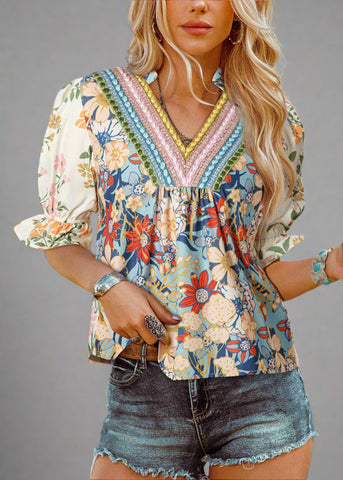 Boho Crochet Detail Half Sleeve Floral Blouse