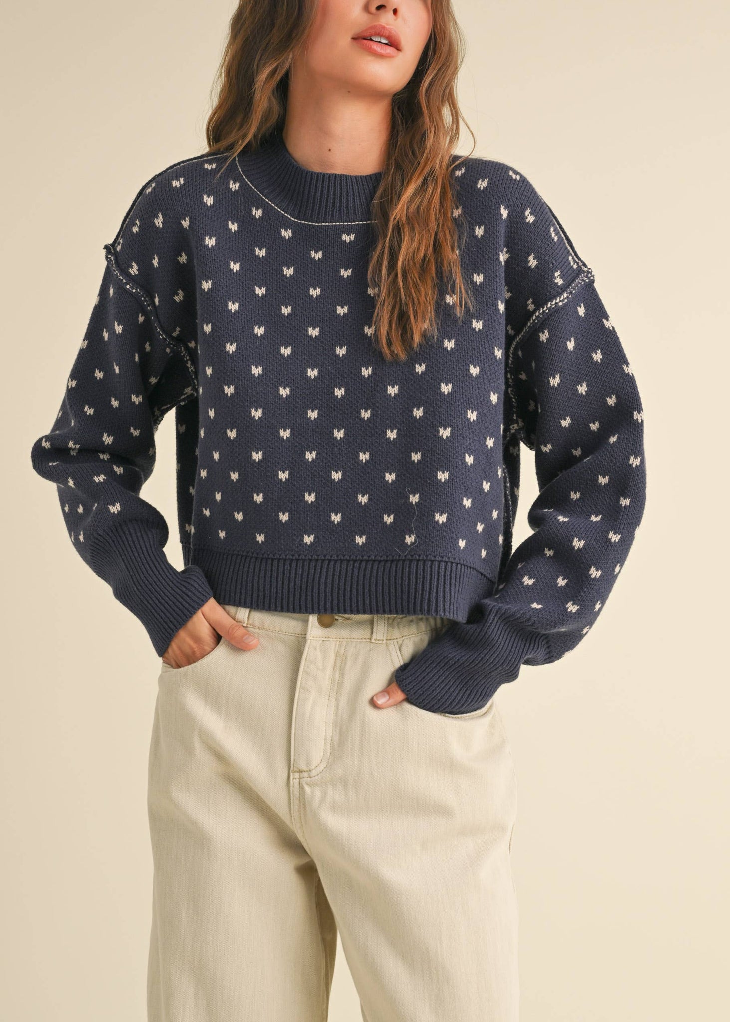 Navy Patterned Cropped Sweater