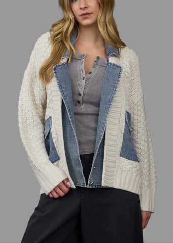 Mixed Media Cable Knit Denim Trim Jacket