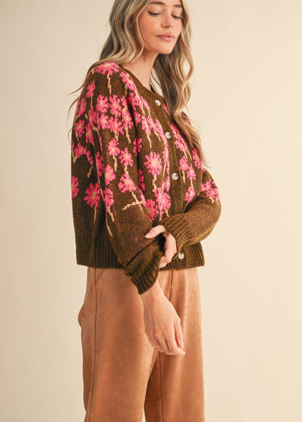 Cheery Floral Knit Cardigan Sweater