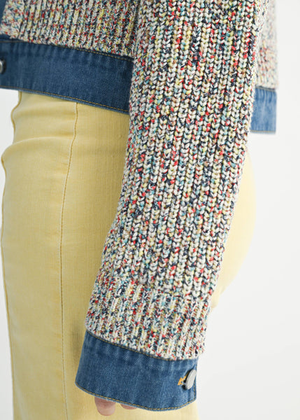Multicolor Knit Button-Up Jacket with Denim Trim
