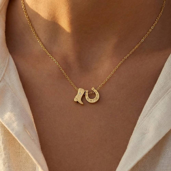 Gold Dipped Cowboy Boots Horse Shoe Charm Necklace: G