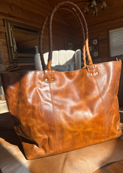Crinkle Leather Newmarket Braided Handle Tote Bag
