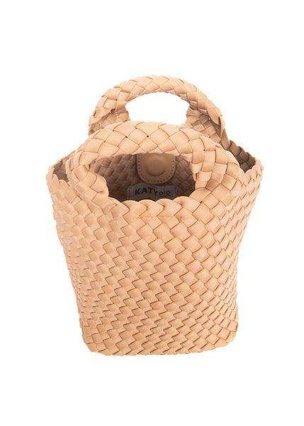 Camel Woven Crossbody Bucket Bag