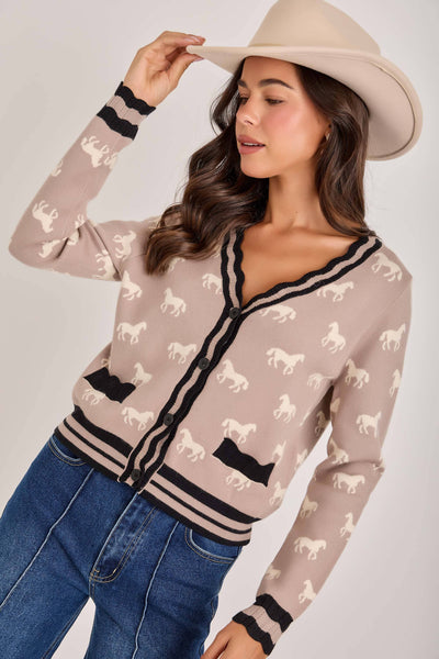 SUPER SOFT HORSE PRINT KNIT CARDIGAN_JLT00386-01: TAUPE COMBO / S-M-L(2-2-2)
