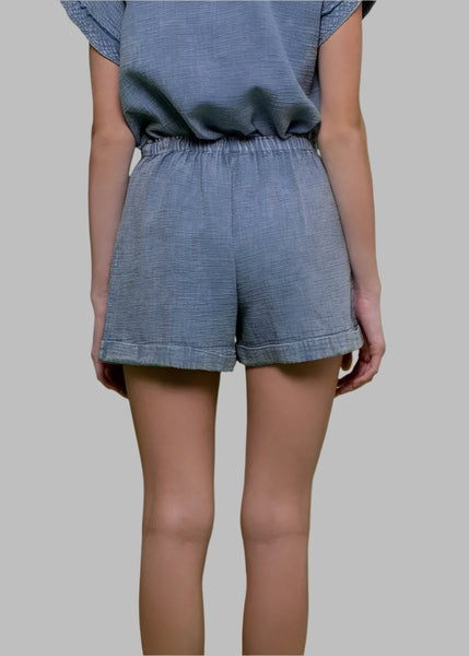 Washed Blue Drawstring Cotton Shorts