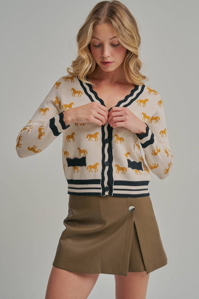 SUPER SOFT HORSE PRINT KNIT CARDIGAN_JLT00386-01: TAUPE COMBO / S-M-L(2-2-2)