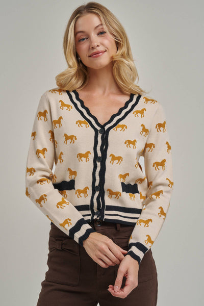 SUPER SOFT HORSE PRINT KNIT CARDIGAN_JLT00386-01: TAUPE COMBO / S-M-L(2-2-2)