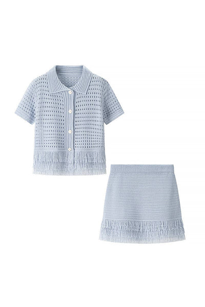 Fringe-Trimmed Skirt Set with Button Top: BLACK / S