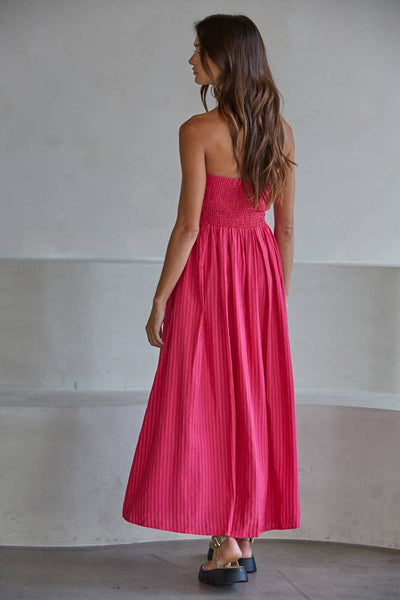 L6998 | Striped Tube Neck Strapless Flare Maxi Dress: Dusty Blue / M