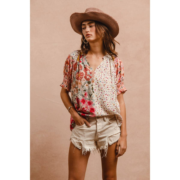 WOVEN PRINT MIX AND MATCH PEASANT TOP: ROSE MIX / XL