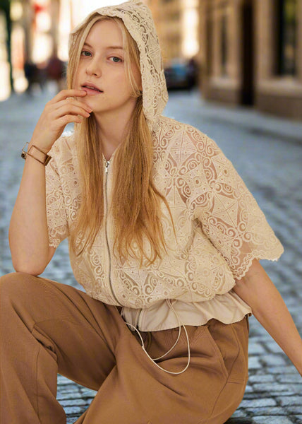 Zip Up Crocheted Laced Short Sleeve Top with Hood ~FINAL SALE
