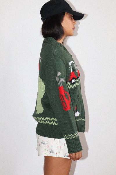Hole In One Intarsia Zip Sweater : Green / XS