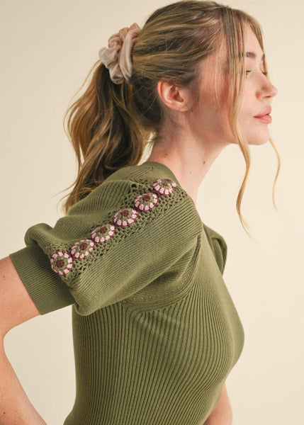 Olive Crochet Puff Sleeve Knit Sweater Top
