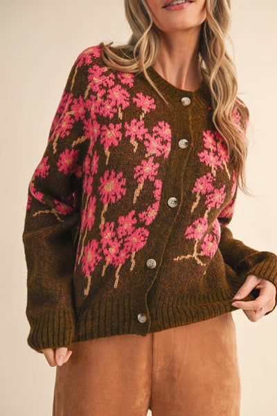 Cheery Floral Knit Cardigan Sweater