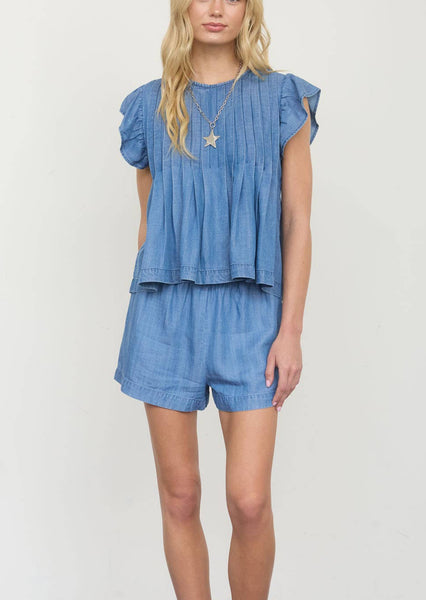 Pintuck Detail Ruffle Sleeve Chambray Top