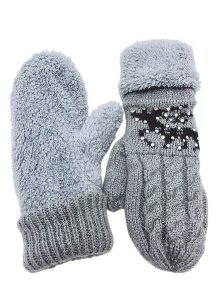 JCG206113 Reversible Reindeer & Sherpa Fleece Mittens: Prepacked 12 pairs-Black 4 White 3 Grey 3 Brown 2