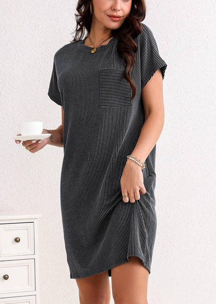 Striped Ribbed Knit T-shirt Shift Dress in Gray