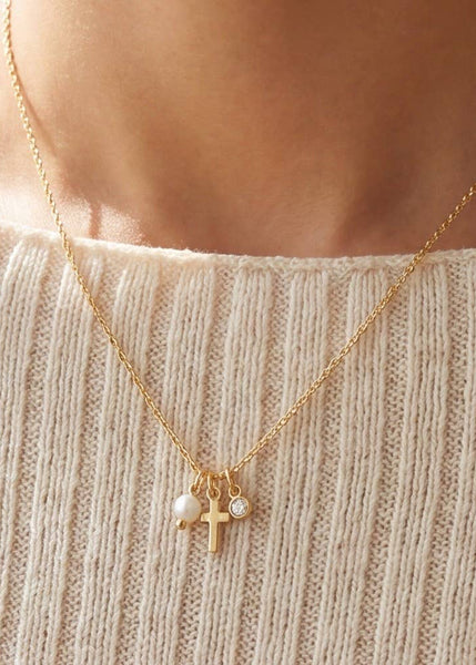 Dainty Cross, Pearl &  Cubic Zirconia Charm Cluster Necklace