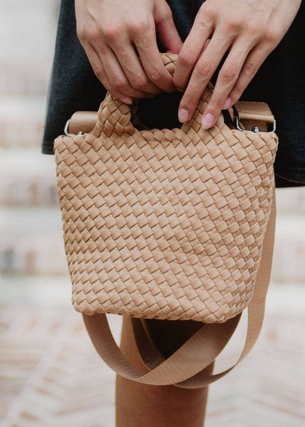 Camel Woven Crossbody Bucket Bag