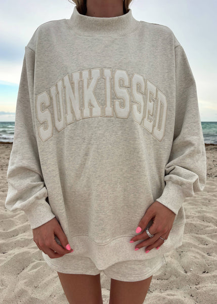 Oat Milk Grey Varsity Sunkissed Embroidered Mockneck Sweatshirt