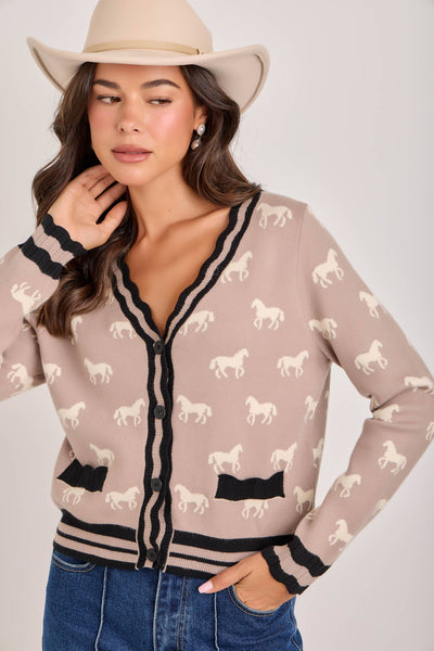 SUPER SOFT HORSE PRINT KNIT CARDIGAN_JLT00386-01: TAUPE COMBO / S-M-L(2-2-2)
