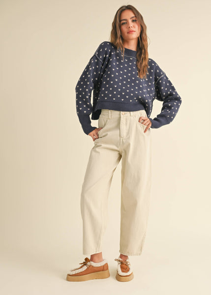 Navy Patterned Cropped Sweater
