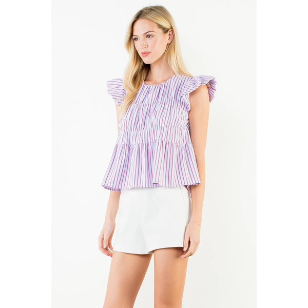 Ruffle Sleeve Smocked Striped Top: PURPLE / XS-S-M-L(1-2-2-1)