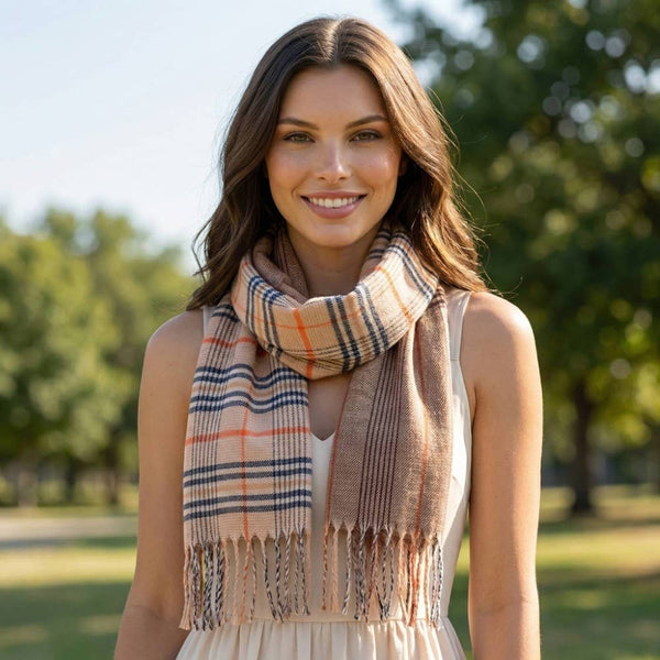 Double Pattern Plaid Striped Oblong Scarf: BE